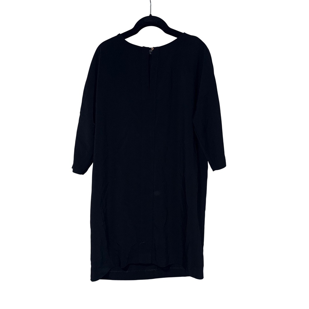 Zara Basic Shift Dress Womens XL Black Textured Crepe 3/4 Sleeve Keyhole Back